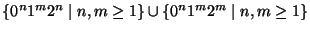 $\{0^n1^m2^n\;\vert\;n,m\geq 1\}\cup\{0^n1^{m}2^m\;\vert\;n,m\geq 1\}$