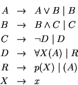 \begin{eqnarray*}
A& \ensuremath{\rightarrow}& A\vee B\;\vert\;B\\
B&\ensuremat...
...rightarrow}&p(X)\;\vert\;(A) \\
X & \ensuremath{\rightarrow}&x
\end{eqnarray*}