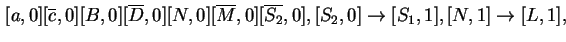 $ \left.[a,0][\ensuremath{{{\overline{c}}}},0][B,0][\ensuremath{{{\overline{D}}}...
...,0]\ensuremath{\rightarrow}[S_1,1], [N,1]\ensuremath{\rightarrow}[L,1],
\right.$